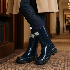 Women’s Drawstring-Cuff Knee-High Rubber Boots in Navy
