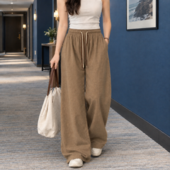 Women’s Fine-Rib Drawstring Full-Length Wide-Leg Trousers in Khaki