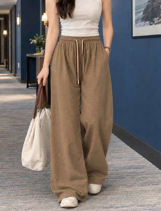 Women’s Fine-Rib Drawstring Full-Length Wide-Leg Trousers in Khaki