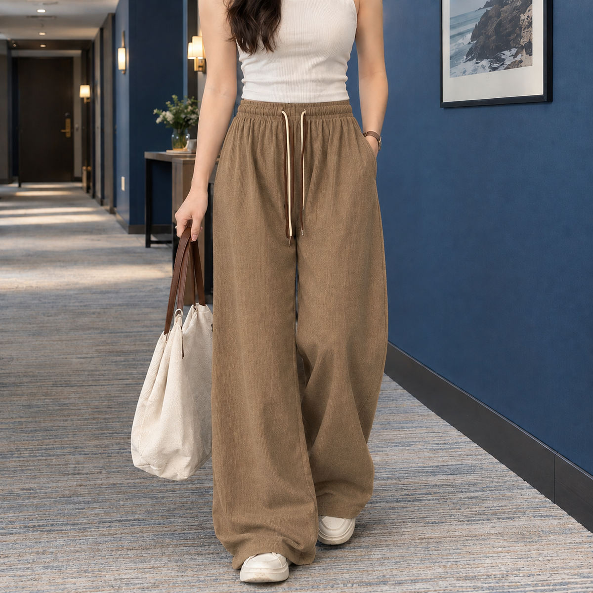 Women’s Fine-Rib Drawstring Full-Length Wide-Leg Trousers in Khaki