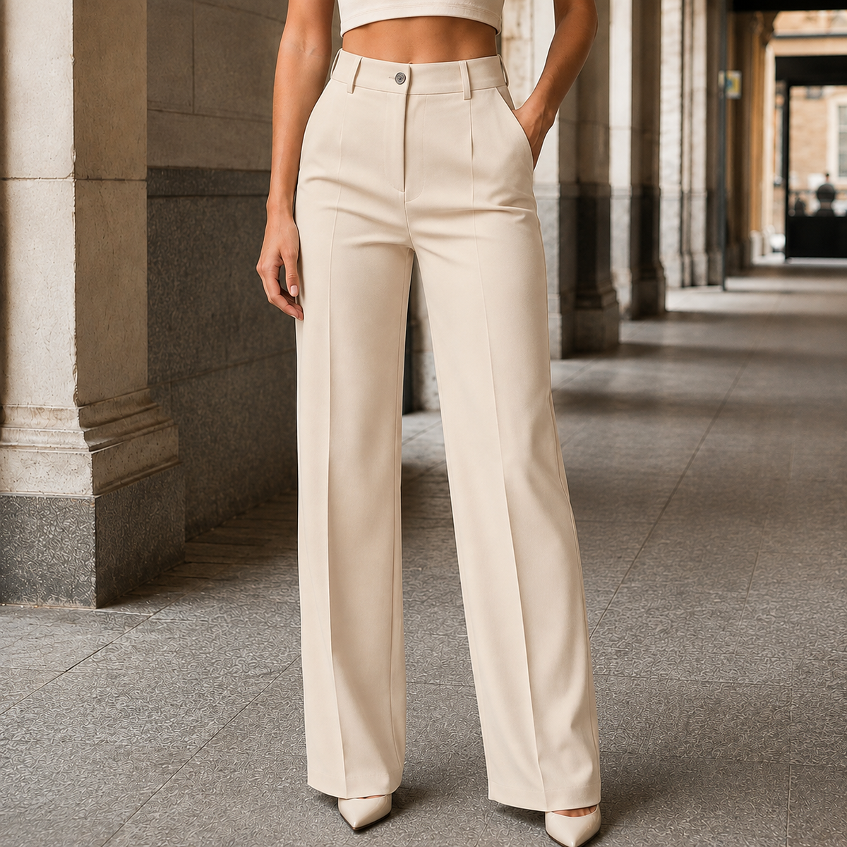 Women’s High-Waisted Full-Length Tailored Wide-Leg Trousers in Beige