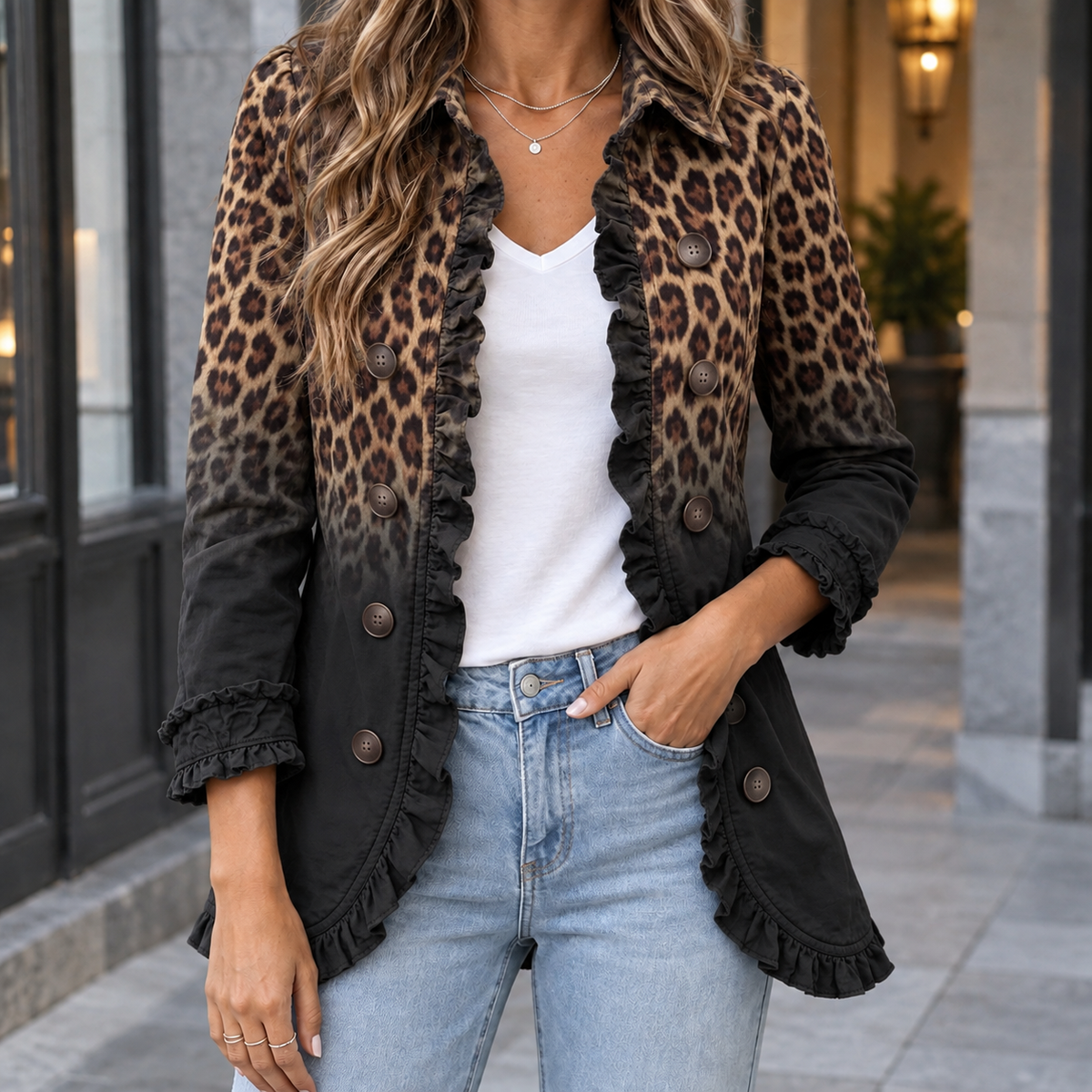 Jemima-Grace Ruffle Women's Jacket - Black Leopard