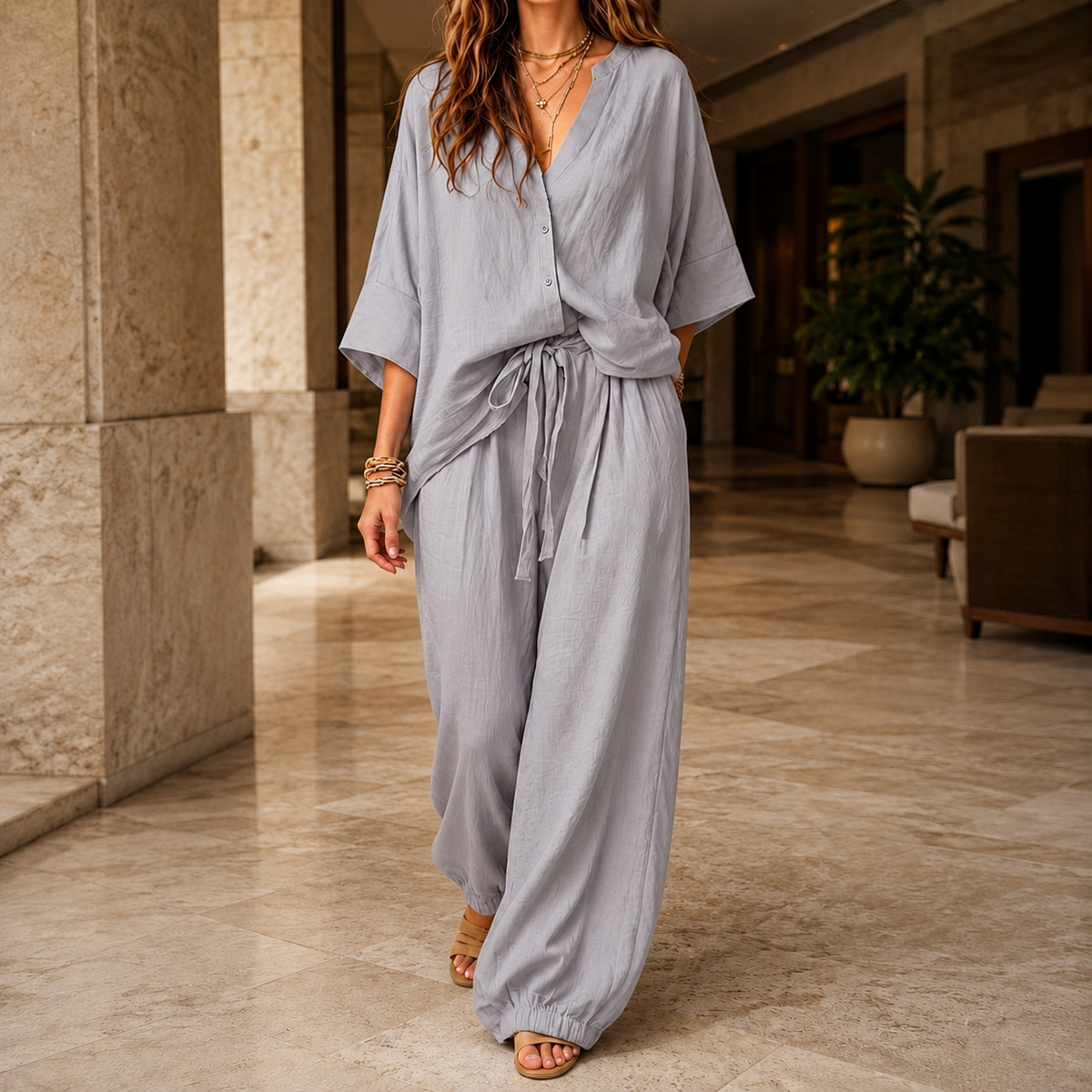 Women’s Batwing Button-Front Top and Cuffed Trouser Set