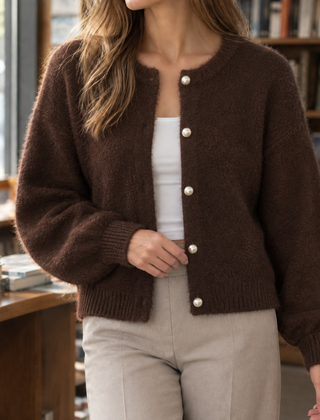 Women’s Pearl-Effect Button Knit Cardigan in Brown
