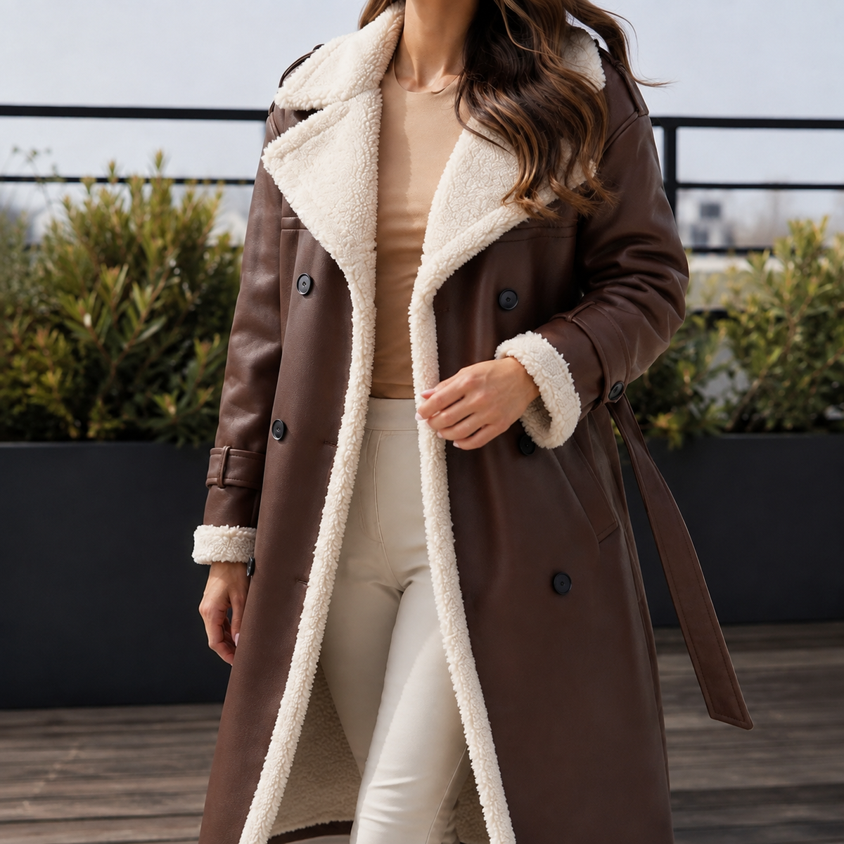 Soledad-Louise Contrast Trim Women's Coat - Brown