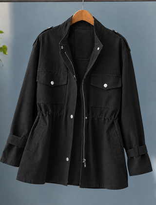 Women’s Drawstring-Waist Four-Pocket Utility Jacket in Black