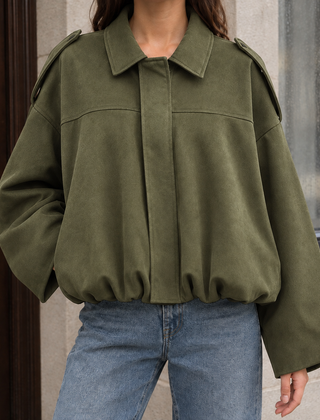 Women’s Collared Suede Bubble-Hem Bomber Jacket in Army Green