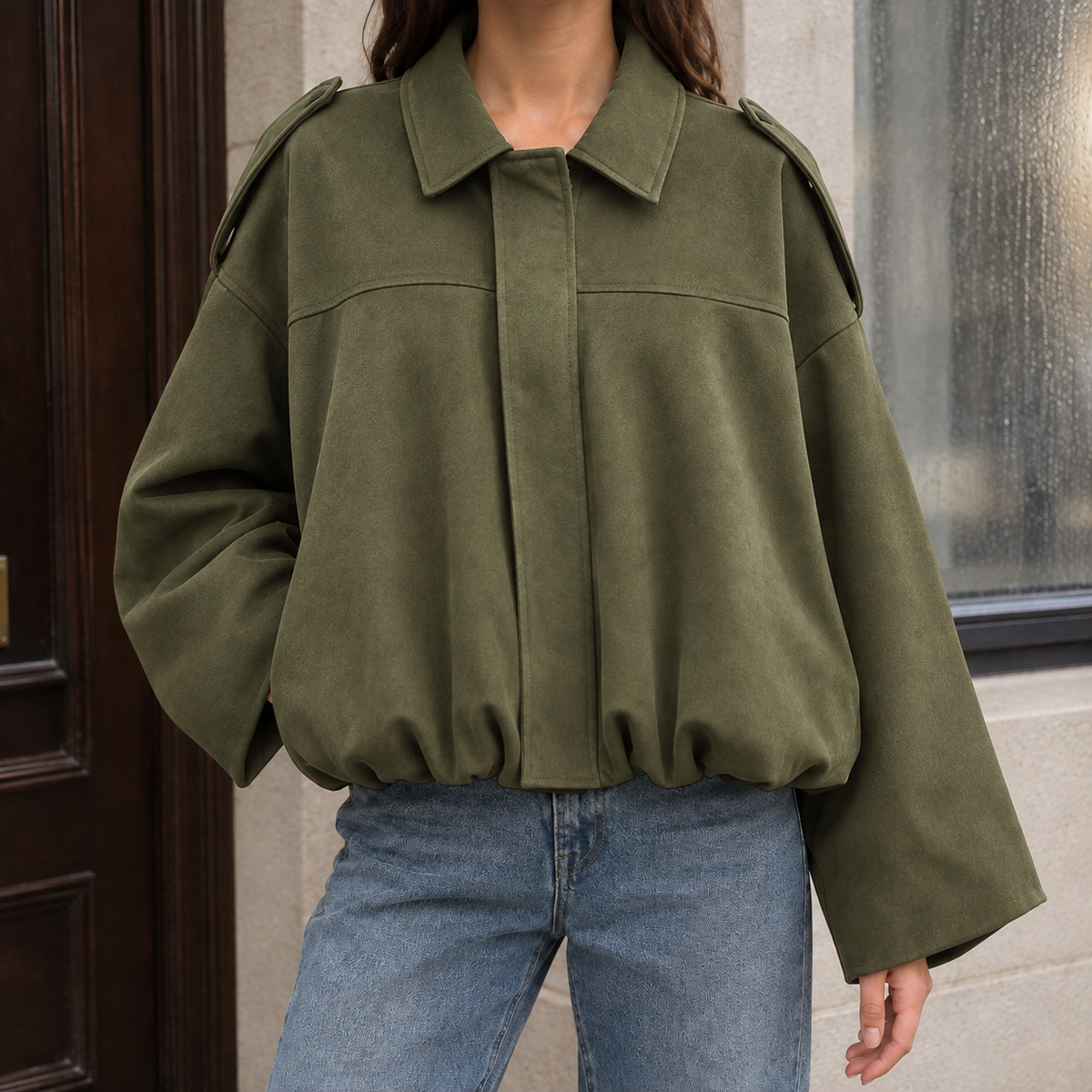 Women’s Collared Suede Bubble-Hem Bomber Jacket in Army Green