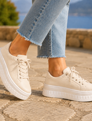 Women’s Lace-Up Chunky Platform Trainers in Beige