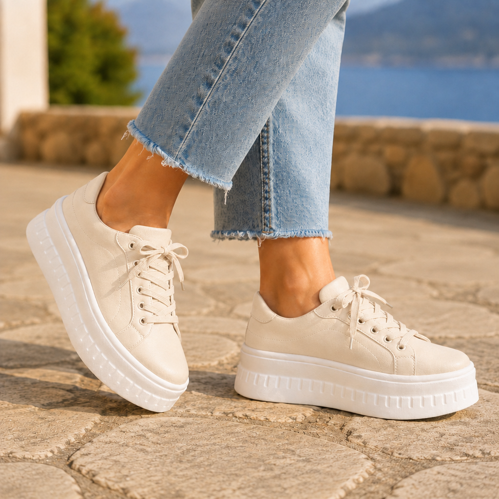 Women’s Lace-Up Chunky Platform Trainers in Beige