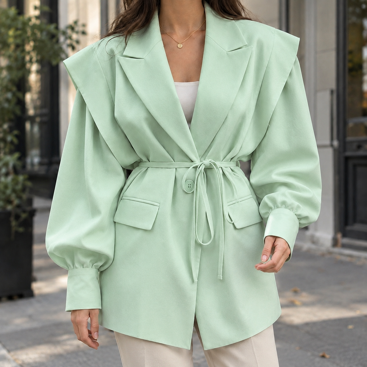 Women’s Belted Sculpted-Shoulder Woven Jacket in Light Green