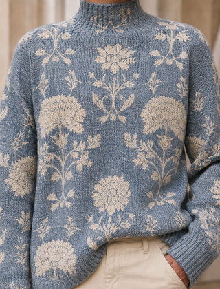 Men’s Patterned Rib-Neck Knit Jumper in Light Blue Floral