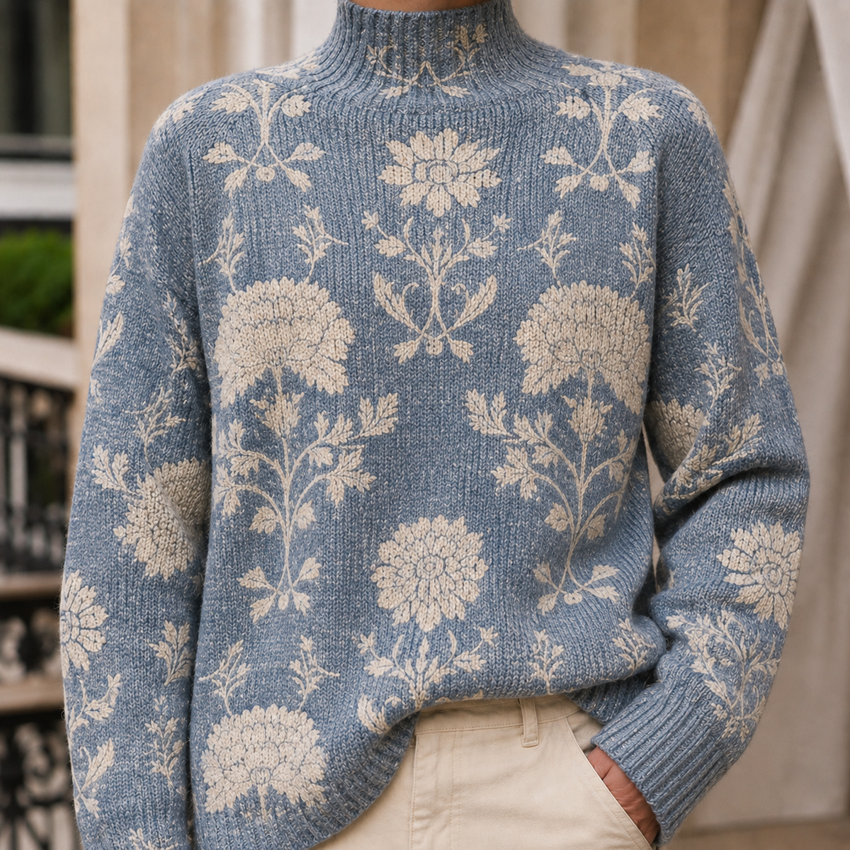 Men’s Patterned Rib-Neck Knit Jumper in Light Blue Floral