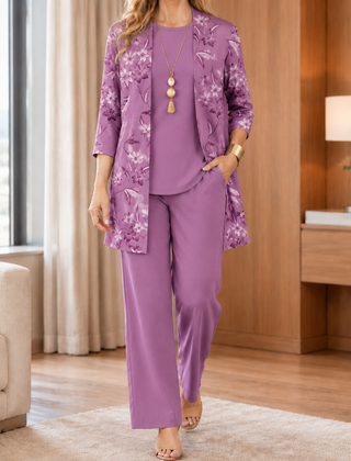 Women’s Three-Piece Longline Cardigan and Trouser Set in Purple