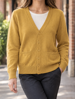 Women’s Cotton-Blend V-Neck Pocket Cardigan in Mustard