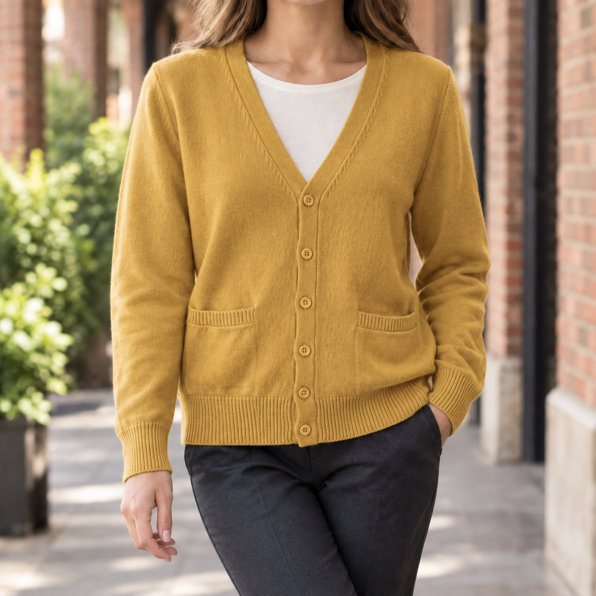 Women’s Cotton-Blend V-Neck Pocket Cardigan in Mustard