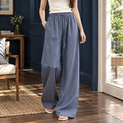 Women’s Striped Drawstring Floor-Length Wide-Leg Trousers in Slate Blue