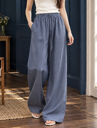 Women’s Striped Drawstring Floor-Length Wide-Leg Trousers in Slate Blue