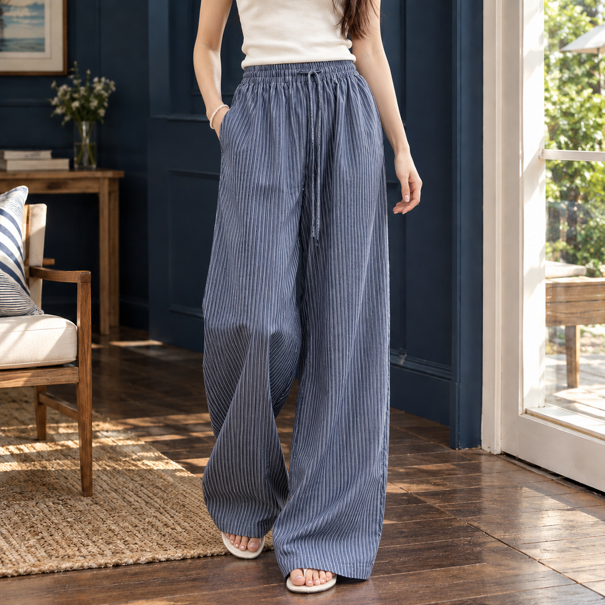 Women’s Striped Drawstring Floor-Length Wide-Leg Trousers in Slate Blue