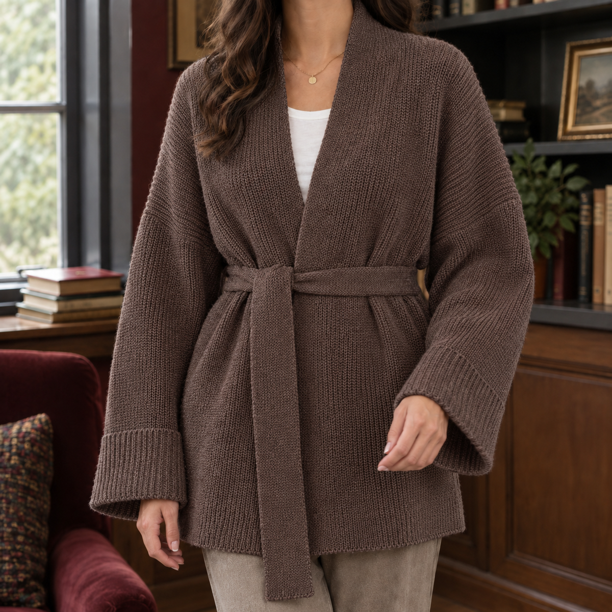 Michelle-Jade Belted Women's Cardigan - Brown
