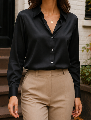 Women’s Long-Sleeve Satin Button-Front Blouse in Black