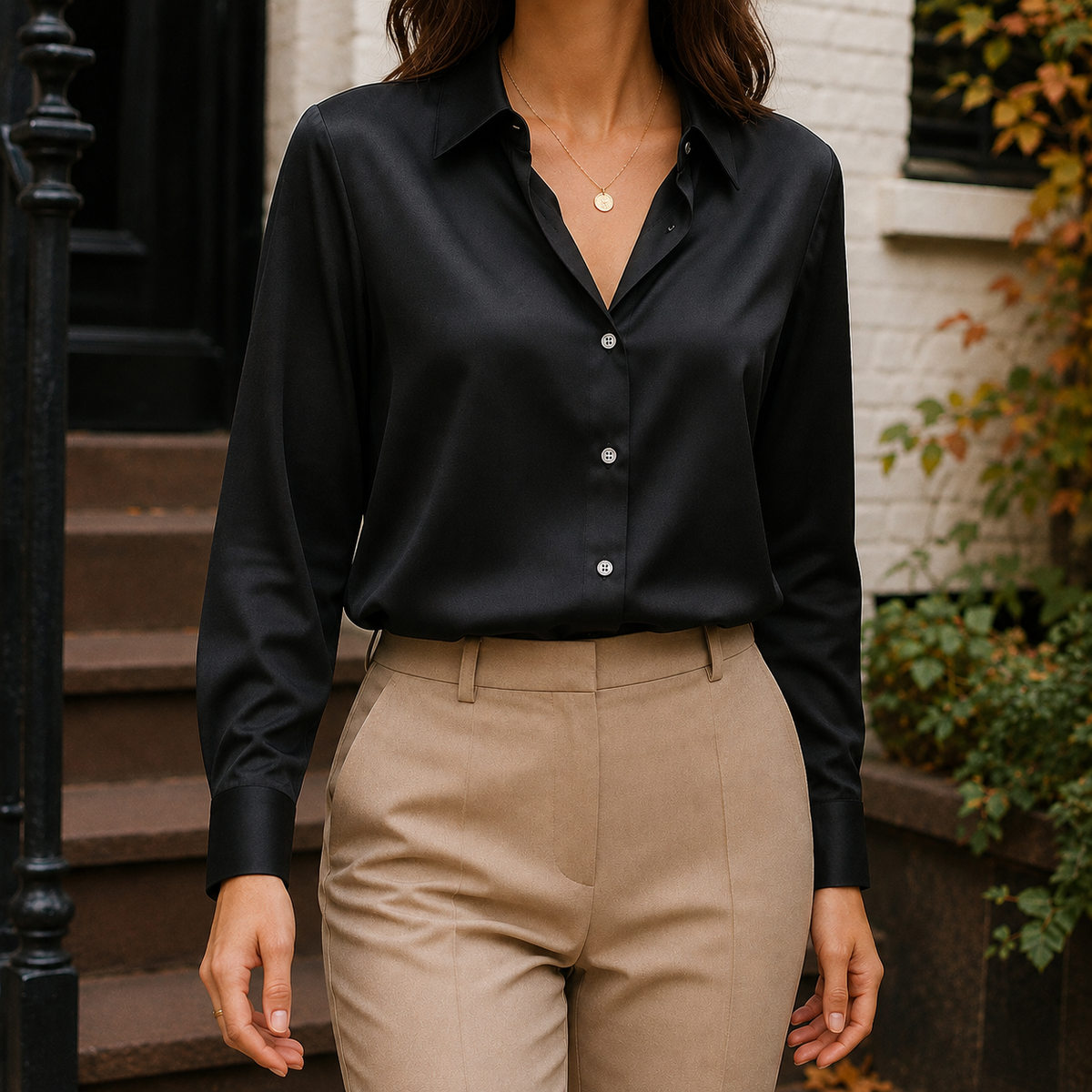 Women’s Long-Sleeve Satin Button-Front Blouse in Black