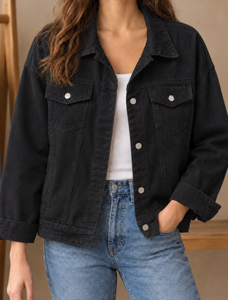 Women’s Cotton-Blend Four-Pocket Denim Jacket in Black