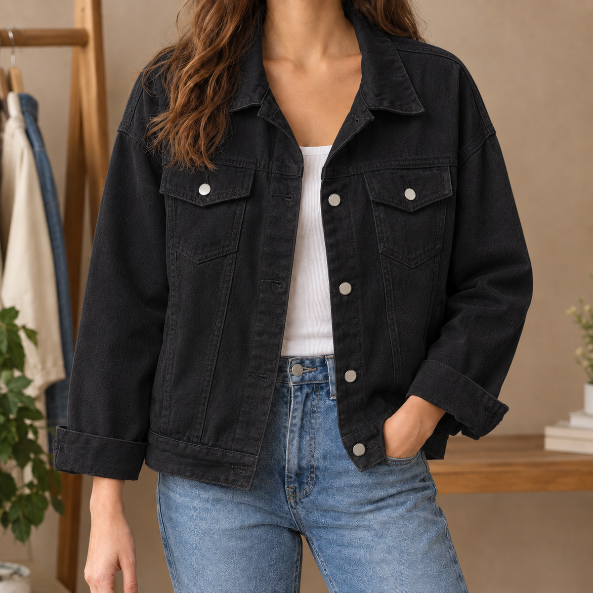 Women’s Cotton-Blend Four-Pocket Denim Jacket in Black