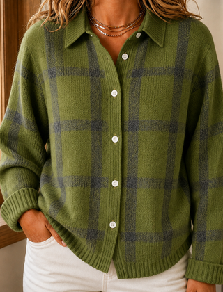 Women’s Windowpane Check Collared Cardigan in Green