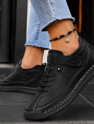 Women’s Strap-Fastening Elastic-Lace Casual Trainers in Black