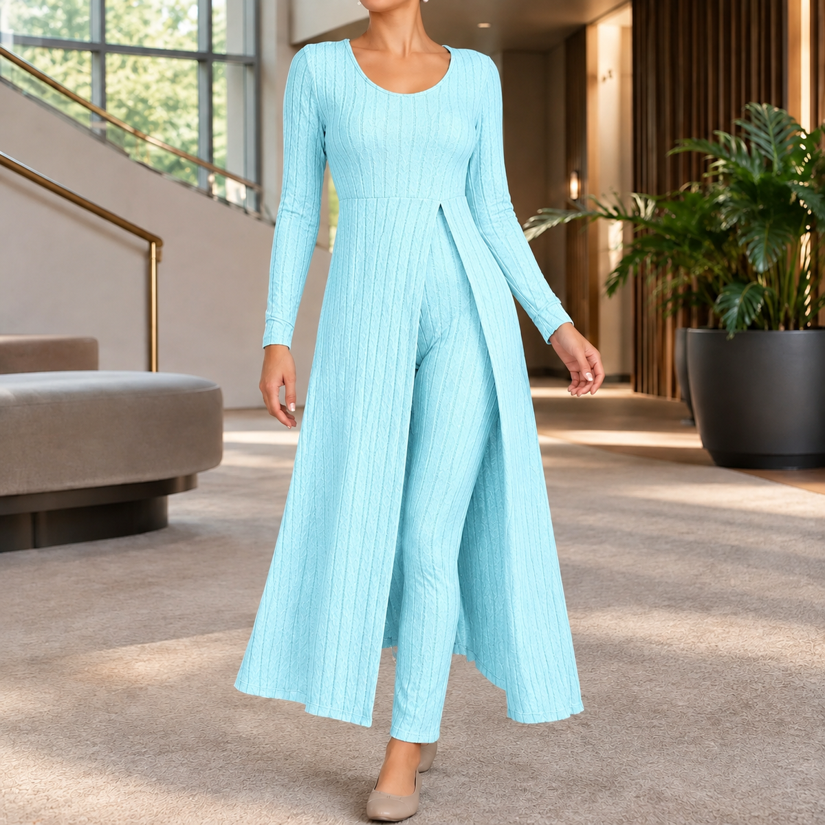 Women’s Ribbed Longline Split Top and Straight-Leg Trouser Set in Sky Blue