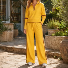 Women’s Half-Zip Stripe-Detail Top and Wide-Leg Trouser Set in Yellow