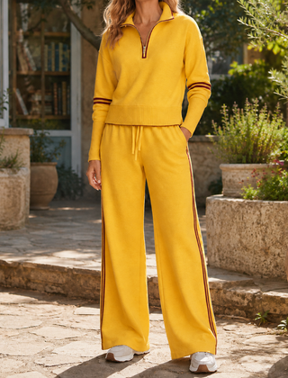 Women’s Half-Zip Stripe-Detail Top and Wide-Leg Trouser Set in Yellow