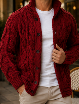 Caius Cable Knit Men's Sweater - Red