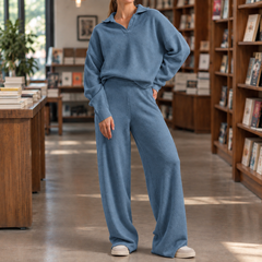 Women’s Long-Sleeve Polo-Collar Top and Wide-Leg Trouser Set in Haze Blue