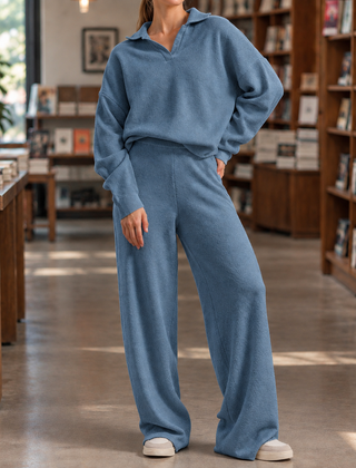 Women’s Long-Sleeve Polo-Collar Top and Wide-Leg Trouser Set in Haze Blue