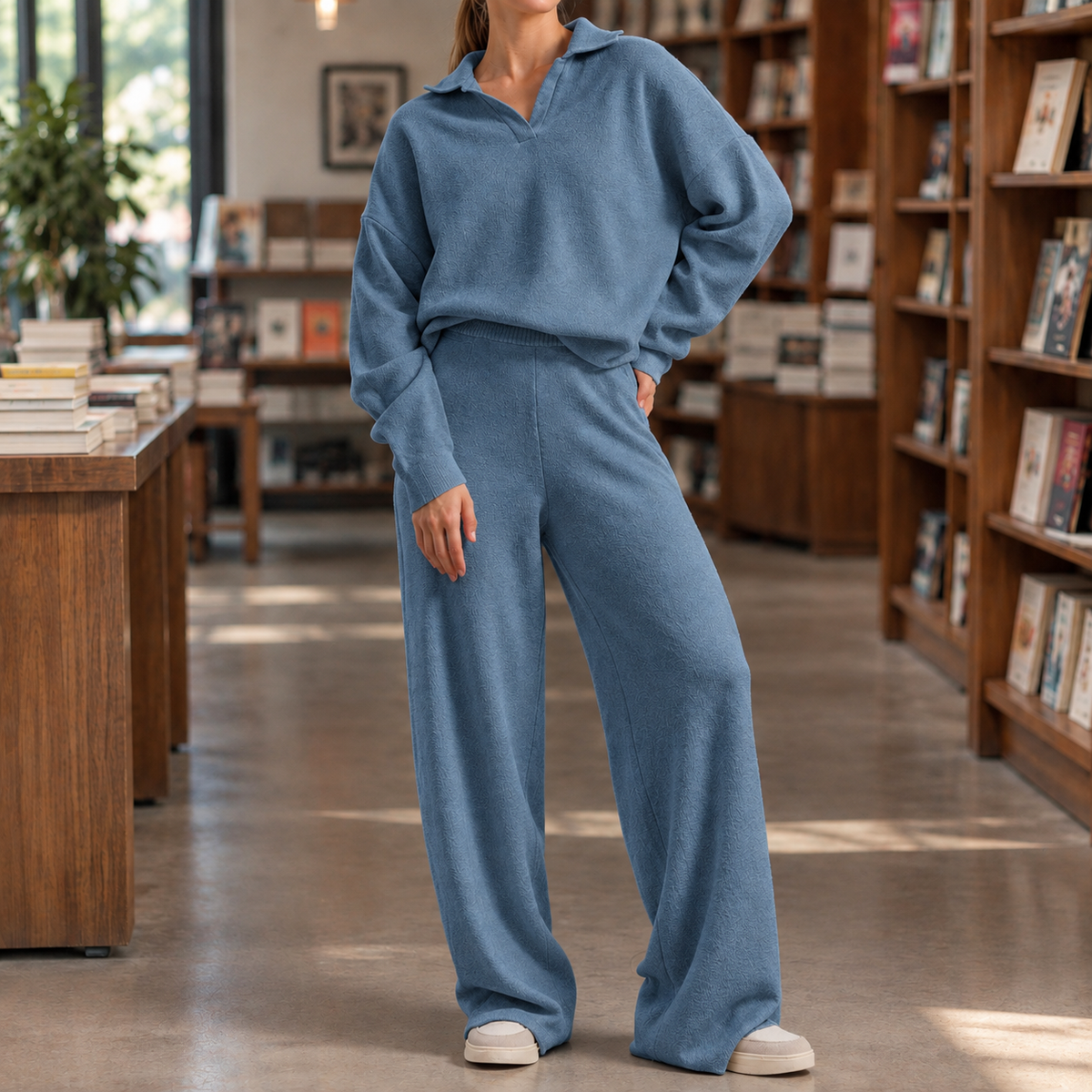 Women’s Long-Sleeve Polo-Collar Top and Wide-Leg Trouser Set in Haze Blue