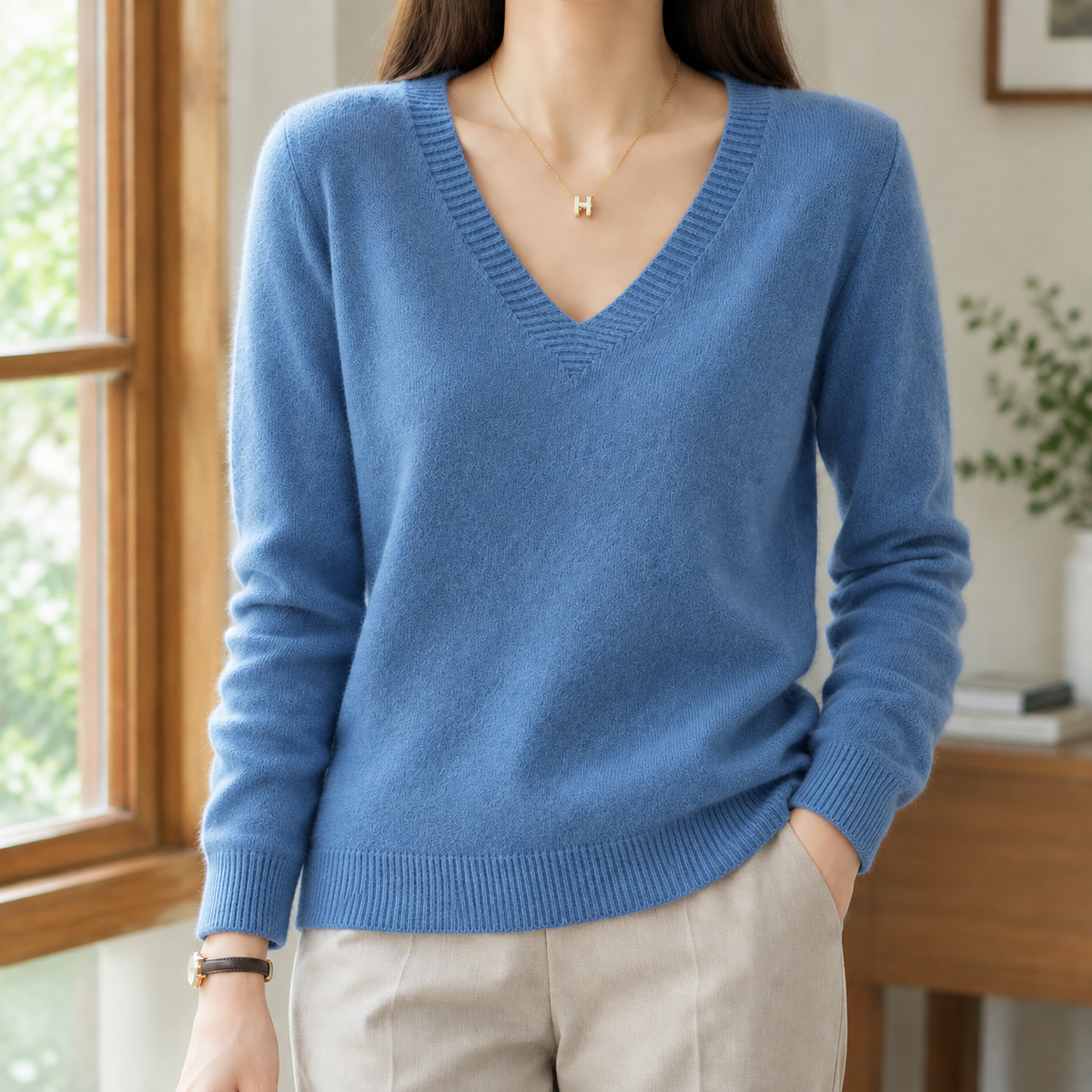 Evadne V Neck Women's Sweater - Blue