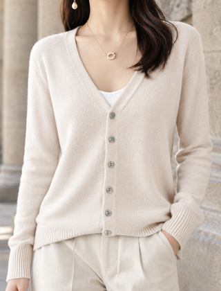 Women’s Five-Button V-Neck Knit Cardigan in Beige