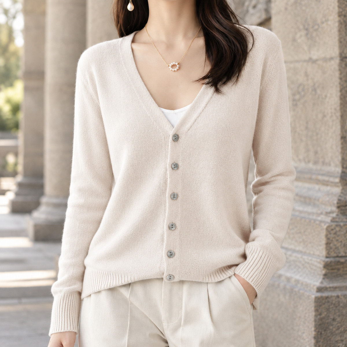Women’s Five-Button V-Neck Knit Cardigan in Beige
