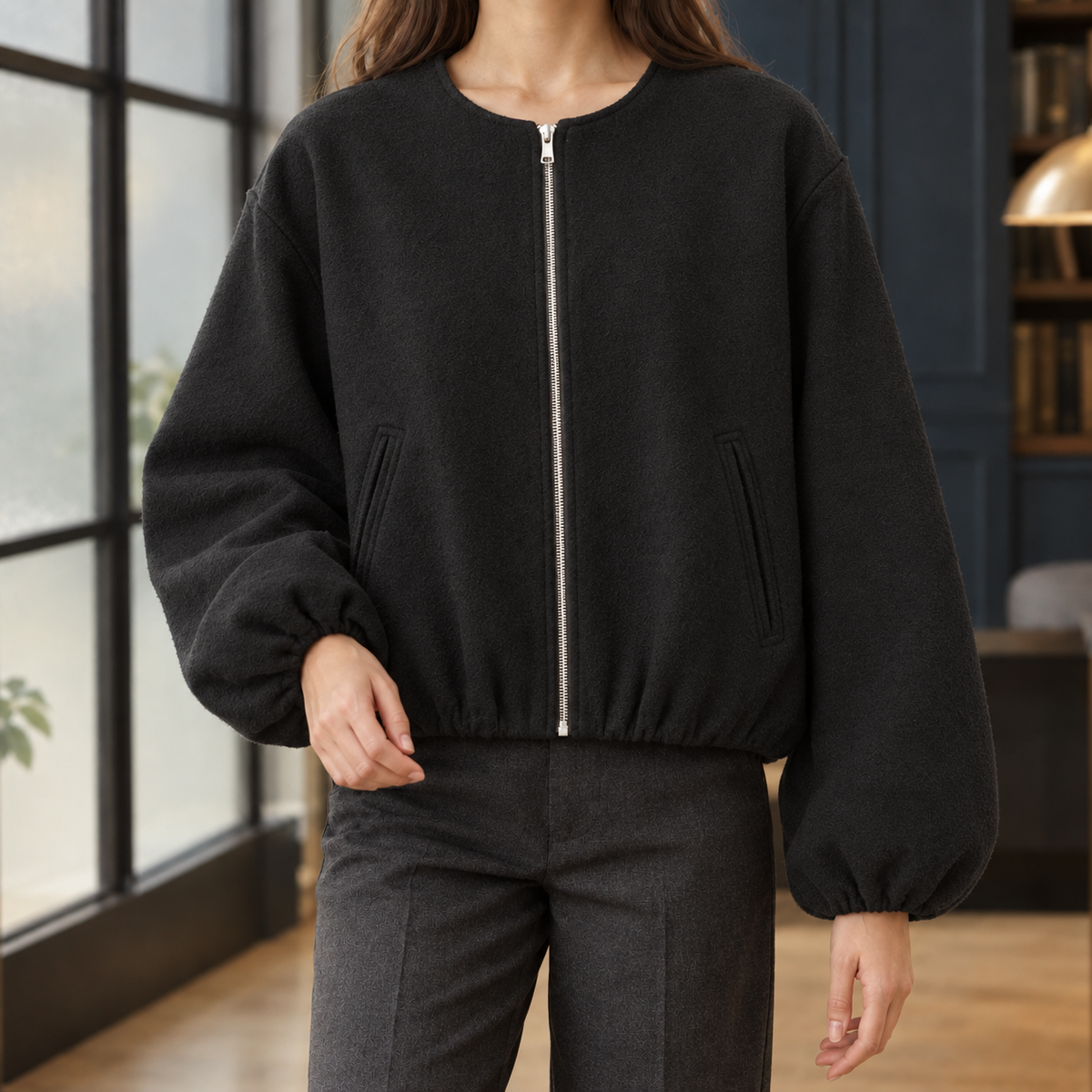 Ophelia-June Balloon Sleeve Women's Jacket - Black