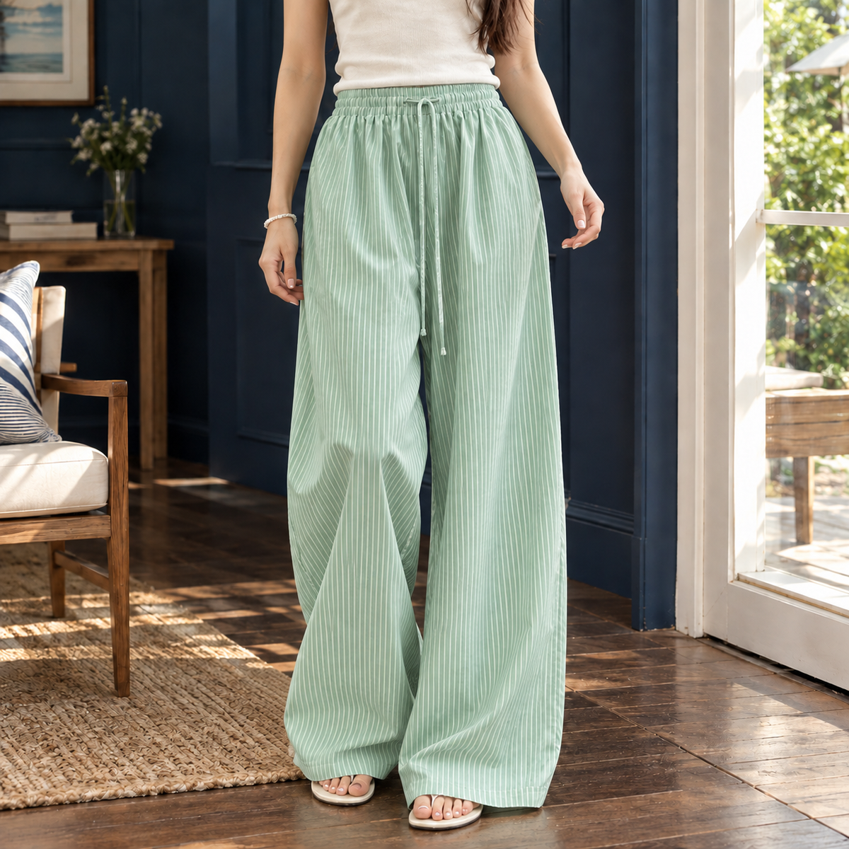 Women’s Striped Drawstring Floor-Length Wide-Leg Trousers in Green