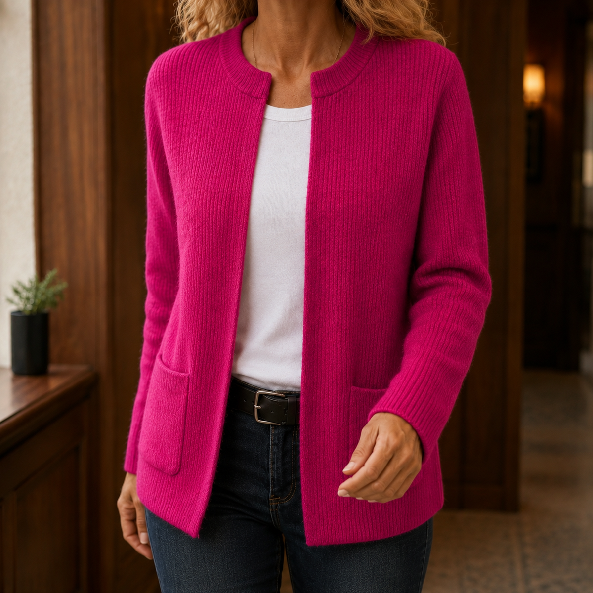 Women’s Ribbed Pocket Detail Cardigan in Pink