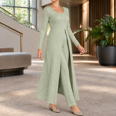 Women’s Ribbed Longline Split Top and Straight-Leg Trouser Set in Light Green