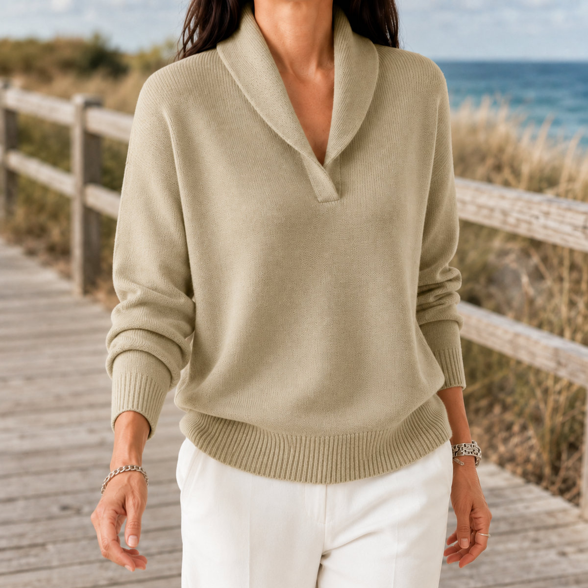 Women’s Fine-Knit Shawl-Collar Jumper in Khaki