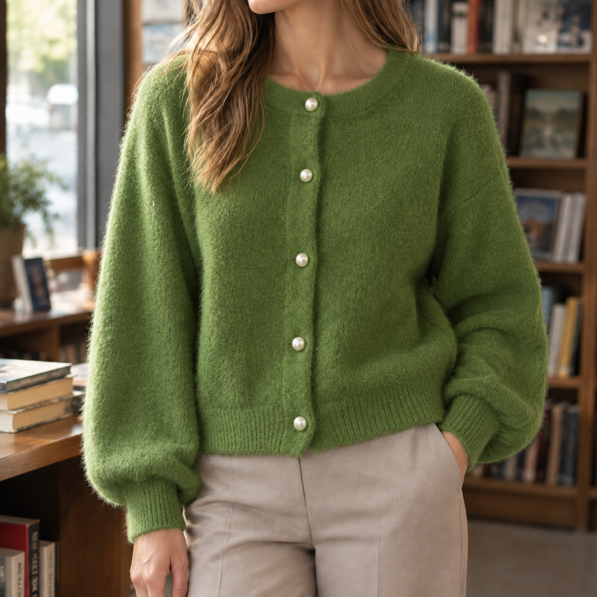 Women’s Pearl-Effect Button Knit Cardigan in Green