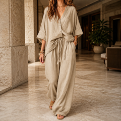 Women’s Batwing Button-Front Top and Cuffed Trouser Set in Khaki