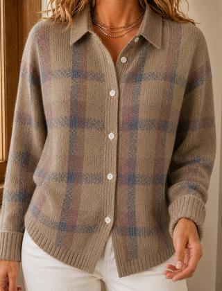 Women’s Windowpane Check Collared Cardigan in Brown