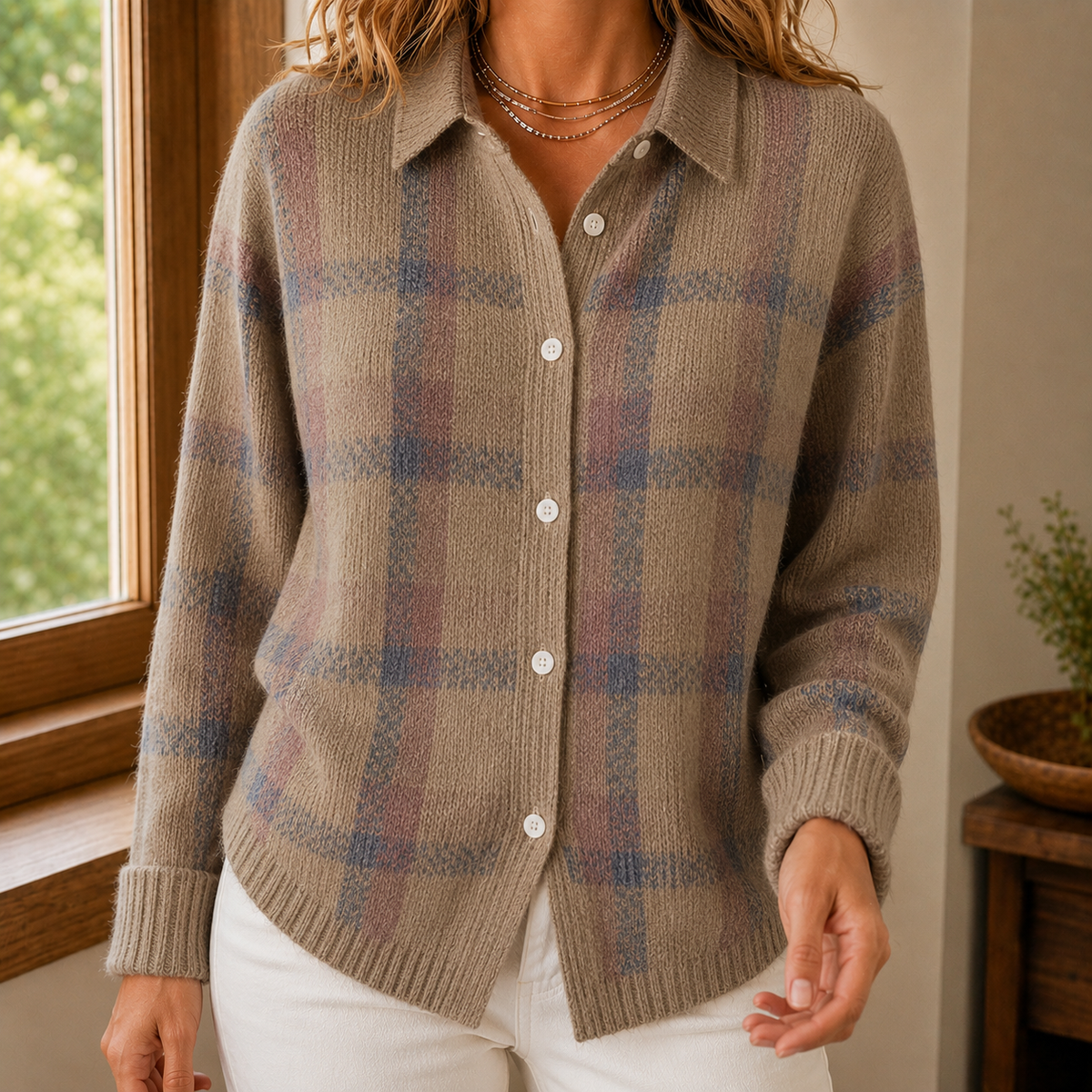 Women’s Windowpane Check Collared Cardigan in Brown