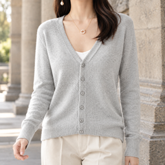 Women’s Five-Button V-Neck Knit Cardigan in Light Grey